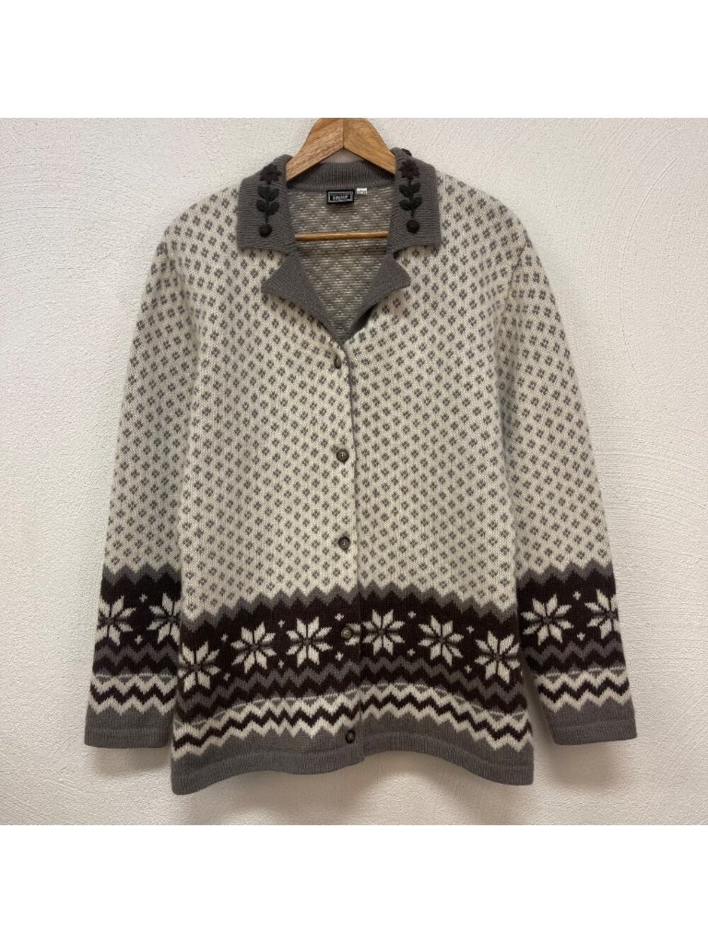 Vintage Sinclair Casual Knit Wool Gray & Creme Nordic Cardigan sz L (42-44)